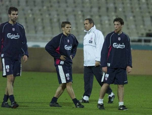 ATHENS, GREECE - Wednesday, November 22, 2000: Liverpool's Robbie Fowler (right), Michael Owen (left) and manager Gerard Houllier (centre) in action during a training session at the Olympic Stadium in Athens, ahead of their UEFA Cup 3rd round, 1st leg clash with Olympiakos. (Pic by David Rawcliffe/Propaganda)