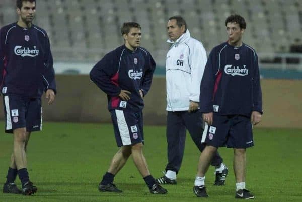 ATHENS, GREECE - Wednesday, November 22, 2000: Liverpool's Robbie Fowler (right), Michael Owen (left) and manager Gerard Houllier (centre) in action during a training session at the Olympic Stadium in Athens, ahead of their UEFA Cup 3rd round, 1st leg clash with Olympiakos. (Pic by David Rawcliffe/Propaganda)