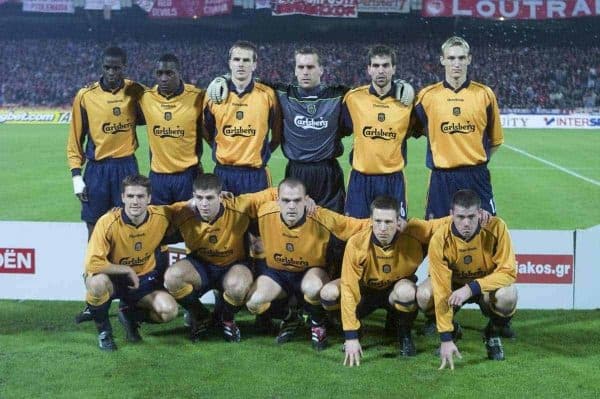 ATHENS, GREECE - Thursday, November 23, 2000: Liverpool's players line-up for a a team photo before the UEFA Cup 3rd Round 1st Leg match against Olympiakos. Back row L-R: Djimi Traore, Emile Heskey, Dietmar Hamann, Sander Westerveld, Markus Babbel, Sami Hyypia. Front row L-R: Michael Owen, Steven Gerrard, Danny Murphy, Nick Barmby, Jamie Carragher. (Photo by David Rawcliffe/Propaganda)