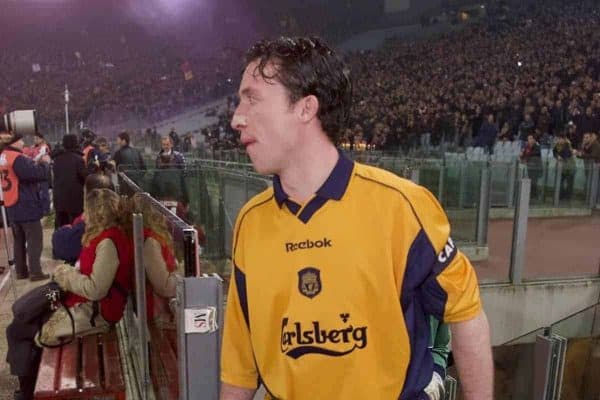 ROME, ITALY - Thursday, February 15, 2001: Liverpool's captain Robbie Fowler leads the team out before the UEFA Cup 4th Round 1st Leg match against AS Roma at the Stadio Olimpico. (Pic by David Rawcliffe/Propaganda)