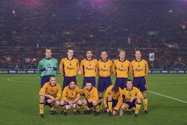ROME, ITALY - Thursday, February 15, 2001: Liverpool's team line up before the UEFA Cup 4th Round 1st Leg match against AS Roma at the Stadio Olimpico. Back row L-R: Sander Westerveld, Dietmar Hamann, Markus Babbel, Gary McAllister, Stephane Henchoz, Christian Ziege. Front row L-R: Sami Hyypia, captain Robbie Fowler, Nicky Barmby, Jamie Carragher, Michael Owen.  (Pic by David Rawcliffe/Propaganda)