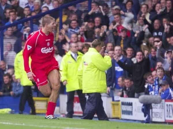 LIVERPOOL, ENGLAND - Saturday, September 15, 2001: Liverpool's captain Steven Gerrard celebrates scoring against  Everton during the Premiership match at Goodison Park. (Pic by David Rawcliffe/Propaganda)