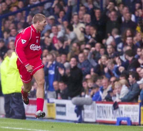 LIVERPOOL, ENGLAND - Saturday, September 15, 2001: Liverpool's captain Steven Gerrard celebrates scoring against Everton during the Premiership match at Goodison Park. (Pic by David Rawcliffe/Propaganda)