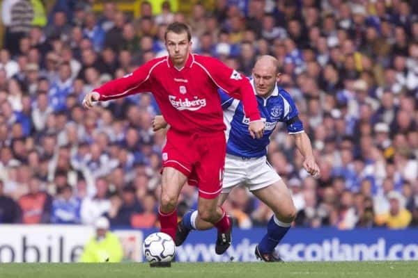 LIVERPOOL, ENGLAND - Saturday, September 15, 2001: Liverpool's Dietmar Hamann and Everton's Thomas Graveson during the Premiership match at Goodison Park. (Pic by David Rawcliffe/Propaganda)