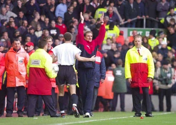 LIVERPOOL, ENGLAND - Sunday, November 4, 2001: Liverpool's caretaker manager Phil Thompson celebrates the 3-1 victory over Manchester United during the Premiership match at Anfield. (Pic by David Rawcliffe/Propaganda)