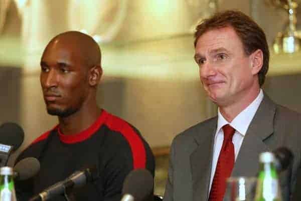 LIVERPOOL, ENGLAND - Monday, December 24, 2001: Liverpool's assistant manager Phil Thompson (right) and French striker Nicolas Anelka during a press conference at Anfield. (Pic by David Rawcliffe/Propaganda)