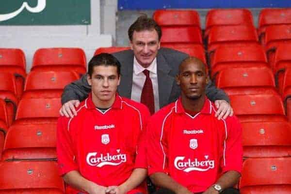 LIVERPOOL, ENGLAND - Monday, December 24, 2001: An early Christmas present for Reds fans as Liverpool unveil Czech international striker Milan Baros (left) and French striker Nicolas Anelka (right) with assistant manager Phil Thompson (centre) at Anfield. (Pic by David Rawcliffe/Propaganda)