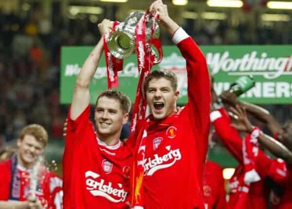 CARDIFF, WALES - Sunday, March 2, 2003: Liverpool's goalscorers Michael Owen (l) and Steven Gerrard celebrate beating Manchester United 2-0 during the Football League Cup Final at the Millennium Stadium. (Pic by David Rawcliffe/Propaganda)