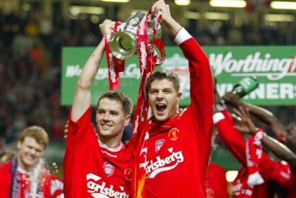 CARDIFF, WALES - Sunday, March 2, 2003: Liverpool's goalscorers Michael Owen (l) and Steven Gerrard celebrate beating Manchester United 2-0 during the Football League Cup Final at the Millennium Stadium. (Pic by David Rawcliffe/Propaganda)