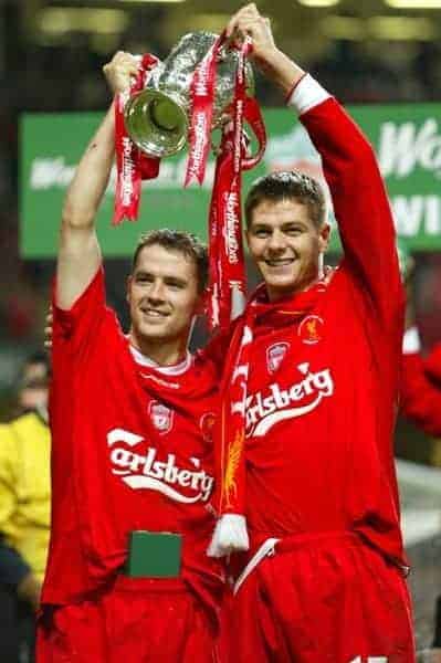 CARDIFF, WALES - Sunday, March 2, 2003: Liverpool's goalscorers Michael Owen (l) and Steven Gerrard celebrate beating Manchester United 2-0 during the Football League Cup Final at the Millennium Stadium. (Pic by David Rawcliffe/Propaganda)