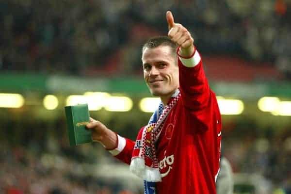 CARDIFF, WALES - Sunday, March 2, 2003: Liverpool's Jamie Carragher celebrates winning the League Cup after beating Manchester United 2-0 during the Football League Cup Final at the Millennium Stadium. (Pic by David Rawcliffe/Propaganda)