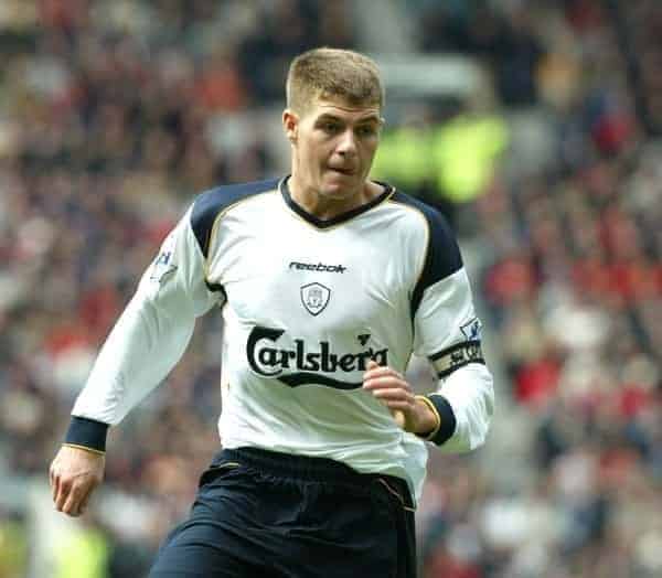 MANCHESTER, ENGLAND - Saturday, April 5, 2003: Liverpool's captain Stephen Gerrard in action against Manchester United during the Premiership match at Old Trafford. (Pic by David Rawcliffe/Propaganda)