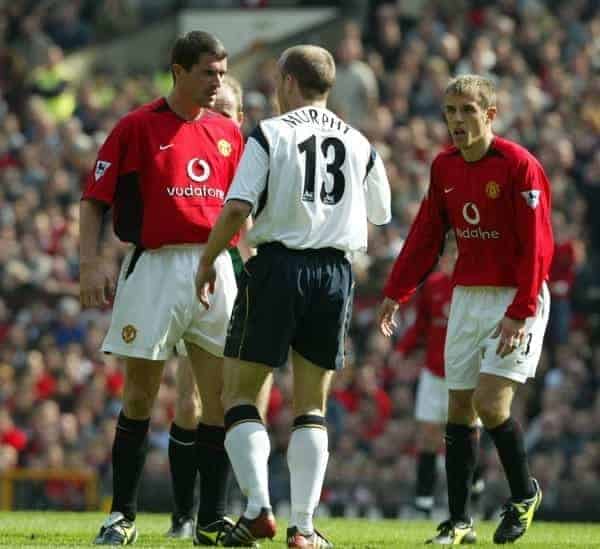 MANCHESTER, ENGLAND - Saturday, April 5, 2003: Manchester United's Roy Keane and Liverpool's Danny Murphy during the Premiership match at Old Trafford. (Pic by David Rawcliffe/Propaganda)