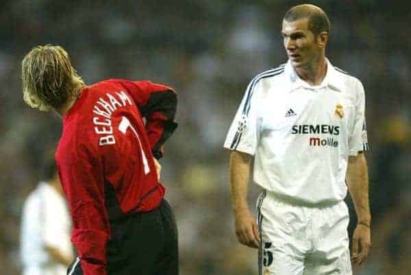 MADRID, SPAIN - Tuesday, April 8, 2003: Manchester United's David Beckham and Real Madrid's Zinedine Zidane during the UEFA Champions League Quarter Final 1st Leg match at the Estadio Santiago Bernabeu. (Pic by David Rawcliffe/Propaganda)