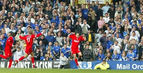 LIVERPOOL, ENGLAND - Saturday, April 19, 2003: Liverpool's Michael Owen celebrates scoring against Everton during the Merseyside Derby Premiership match at Goodison Park. (Pic by David Rawcliffe/Propaganda)