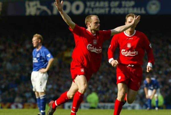 LIVERPOOL, ENGLAND - Saturday, April 19, 2003: Liverpool's Danny Murphy celebrates scoring the winning gaol against Everton during the Merseyside Derby Premiership match at Goodison Park. (Pic by David Rawcliffe/Propaganda)