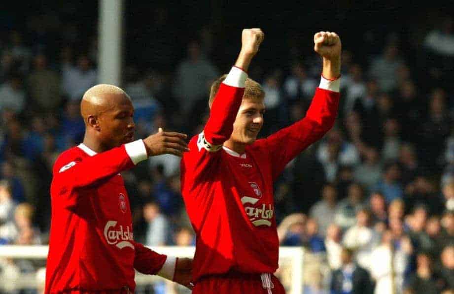 LIVERPOOL, ENGLAND - Saturday, April 19, 2003: Liverpool's Stephen Gerrard and El-Hadji Diouf celebrate a 2-1 victory over Everton in the Merseyside Derby Premiership match at Goodison Park. (Pic by David Rawcliffe/Propaganda)