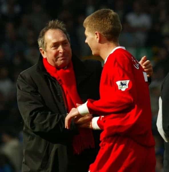 LIVERPOOL, ENGLAND - Saturday, April 19, 2003: Liverpool's manager Ge?rard Houllier celebrates a 2-1 victory over Everton with captain Stephen Gerrard after the Merseyside Derby Premiership match at Goodison Park. (Pic by David Rawcliffe/Propaganda)