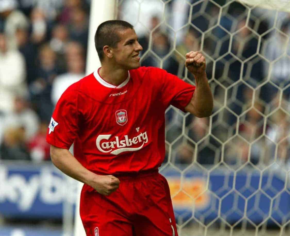 WEST BROMWICH, ENGLAND - Saturday, April 26, 2003: Liverpool's Milan Baros celebrates scoring the sixth goal against West Bromwich Albion during the Premiership match at the Hawthorns. (Pic by David Rawcliffe/Propaganda)