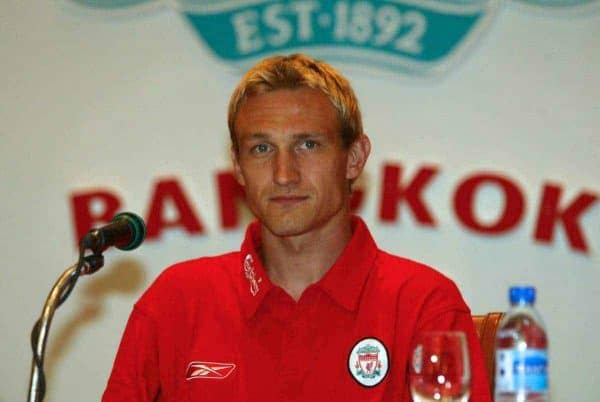 BANGKOK, THAILAND - Thursday, July 22, 2003: Liverpool's Sami Hyypia at a press conference at the Merchant Court Hotel in Bangkok, ahead of their preseason match against Thailand. (Pic by David Rawcliffe/Propaganda)