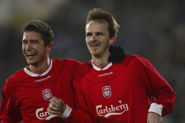 SOFIA, BULGARIA - Wednesday, March 3, 2004: Liverpool's Dietmar Hamann celebrates scoring the third goal against Levski Sofia with team-mate Harry Kewell during the UEFA Cup 4th Round 2nd Leg match at the Vasil Levski Stadium. (Pic by David Rawcliffe/Propaganda)