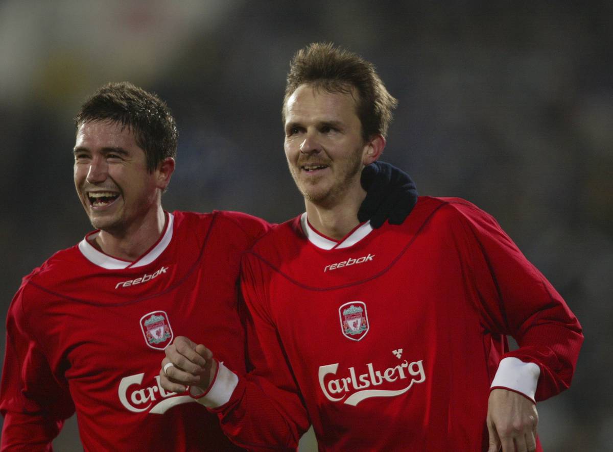 SOFIA, BULGARIA - Wednesday, March 3, 2004: Liverpool's Dietmar Hamann celebrates scoring the third goal against Levski Sofia with team-mate Harry Kewell during the UEFA Cup 4th Round 2nd Leg match at the Vasil Levski Stadium. (Pic by David Rawcliffe/Propaganda)