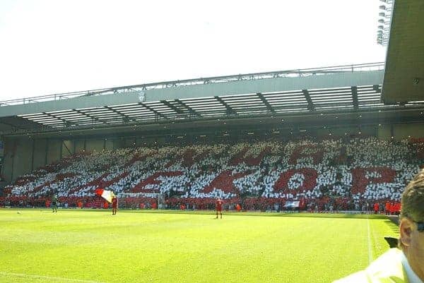 LIVERPOOL, ENGLAND: Saturday, May 15, 2004: Liverpool fans make a mosaic on the Spion Kop before the final Premiership game of the season at Anfield. (Pic by David Rawcliffe/Propaganda)