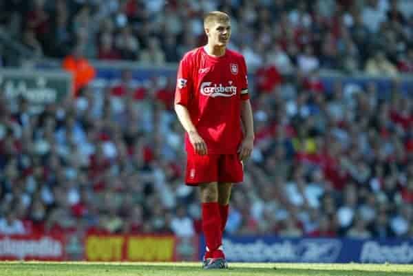 LIVERPOOL, ENGLAND: Saturday, May 15, 2004: Liverpool's Steven Gerrard in action against Newcastle United during the final Premiership game of the season at Anfield. (Pic by David Rawcliffe/Propaganda)