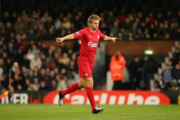 LONDON, ENGLAND - SATURDAY OCTOBER 16th 2004: Liverpool's Igor Biscan celebrates scoring the fourth goal against Fulham during the Premiership match at Craven Cottage. (Photo by David Rawcliffe/Propaganda)