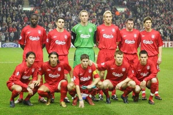 LIVERPOOL, ENGLAND- WEDNESDAY DECEMBER 8th 2004: Liverpool line-up for a team photo before the UEFA Champions League Group A match against Olympiakos at Anfield. ..Back row L-R: Djimi Traore, Antonio Nunez, Chris Kirkland, Sami Hyypia, Jamie Carragher, Xabi Alonso. Front row l-r: Harry Kewell, Milan Baros, Steven Gerrard, John Arne Riise, Steve Finnan. (Pic by David Rawcliffe/Proparganda)