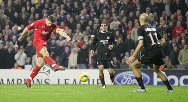 LIVERPOOL, ENGLAND- WEDNESDAY DECEMBER 8th 2004: Liverpool's Steven Gerrard scores the winning goal, and his side's third, against Olympiakos during the UEFA Champions League Group A match at Anfield. (Pic by David Rawcliffe/Proparganda)