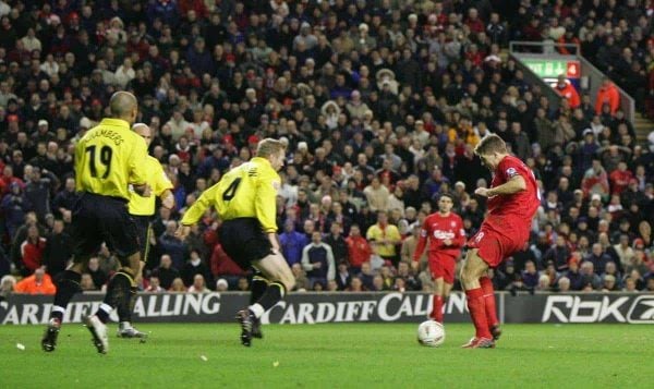 LIVERPOOL, ENGLAND - TUESDAY JANUARY 11th 2005: Liverpool's Steven Gerrard scores the opening goal against Watford during the League Cup Semi-Final 1st Leg at Anfield. (Pic by David Rawcliffe/Propaganda)