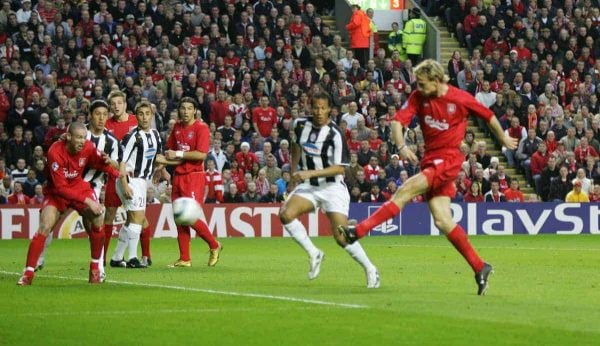 LIVERPOOL, ENGLAND - TUESDAY APRIL 5th 2005:  Liverpool's Sami Hyypia scores the opening goal against Juventus during the UEFA Champions League Quarter Final 1st Leg match at Anfield. (Pic by David Rawcliffe/Propaganda)