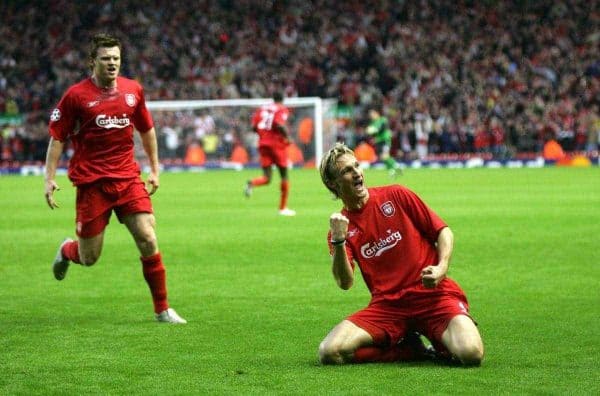 LIVERPOOL, ENGLAND - TUESDAY APRIL 5th 2005: Liverpool's Sami Hyypia celebrates scoring the opening goal against Juventus during the UEFA Champions League Quarter Final 1st Leg match at Anfield. (Pic by David Rawcliffe/Propaganda)