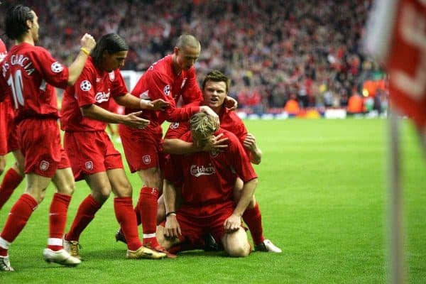 LIVERPOOL, ENGLAND - TUESDAY APRIL 5th 2005:  Liverpool's Sami Hyypia celebrates scoring the opening goal against Juventus with his team-mates during the UEFA Champions League Quarter Final 1st Leg match at Anfield. (Pic by David Rawcliffe/Propaganda)