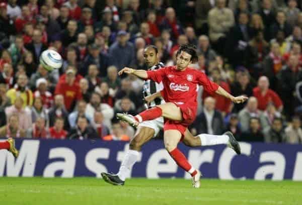 LIVERPOOL, ENGLAND - TUESDAY APRIL 5th 2005: Liverpool's Luis Garcia scores the second goal against Juventus during the UEFA Champions League Quarter Final 1st Leg match at Anfield. (Pic by David Rawcliffe/Propaganda)