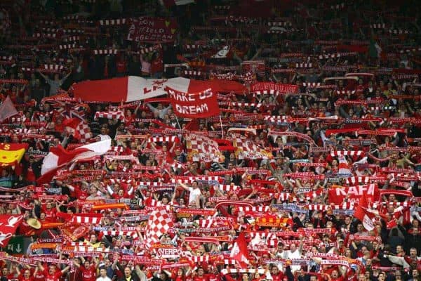 LIVERPOOL, ENGLAND. TUESDAY, MAY 3rd, 2005: Liverpool supporters on the Spion Kop sing "You'll never walk alone" before before the UEFA Champions League Semi Final 2nd Leg against Chelsea at Anfield. (Pic by David Rawcliffe/Propaganda)