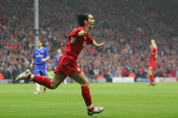 LIVERPOOL, ENGLAND. TUESDAY, MAY 3rd, 2005: Liverpool's Luis Garcia celebrates scoring the opening goal against Chelsea during the UEFA Champions League Semi Final 2nd Leg at Anfield. (Pic by David Rawcliffe/Propaganda)