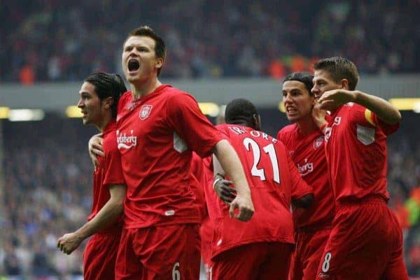 LIVERPOOL, ENGLAND. TUESDAY, MAY 3rd, 2005: Liverpool's Luis Garcia, John Arne Riise and Djimi Traore celebrate the opening goal against Chelsea during the UEFA Champions League Semi Final 2nd Leg at Anfield. (Pic by David Rawcliffe/Propaganda)