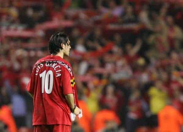 LIVERPOOL, ENGLAND. TUESDAY, MAY 3rd, 2005: Liverpool's Luis Garcia celebrates the great victory 1-0 over Chelsea during the UEFA Champions League Semi Final 2nd Leg at Anfield. (Pic by David Rawcliffe/Propaganda)