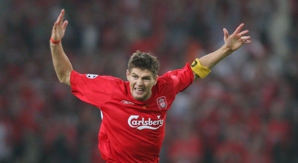 ISTANBUL, TURKEY - WEDNESDAY, MAY 25th, 2005: Liverpool's Steven Gerrard celebrates scoring the first come-back goal against AC Milan during the UEFA Champions League Final at the Ataturk Olympic Stadium, Istanbul. (Pic by David Rawcliffe/Propaganda)