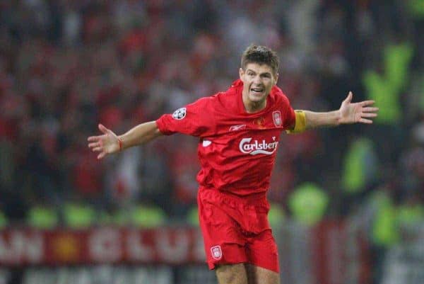ISTANBUL, TURKEY - WEDNESDAY, MAY 25th, 2005: Liverpool's Steven Gerrard celebrates scoring the first come-back goal against AC Milan during the UEFA Champions League Final at the Ataturk Olympic Stadium, Istanbul. (Pic by David Rawcliffe/Propaganda)