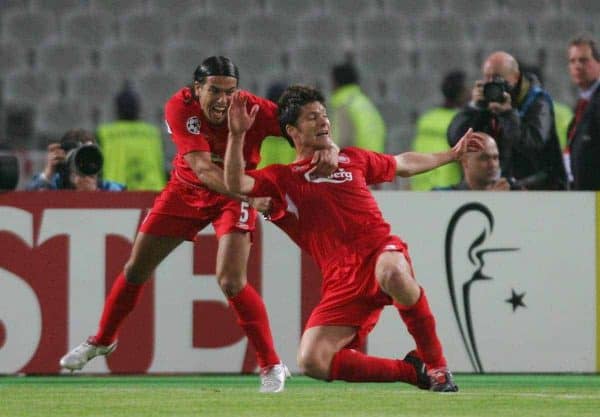 ISTANBUL, TURKEY - WEDNESDAY, MAY 25th, 2005: Liverpool's Xabi Alonso celebrates scoring the equaliser from the re-bounded penalty kick with Milan Baros (L) during the UEFA Champions League Final at the Ataturk Olympic Stadium, Istanbul. (Pic by David Rawcliffe/Propaganda)