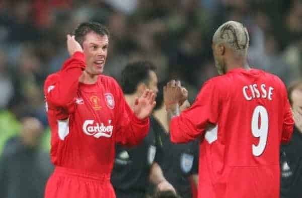 ISTANBUL, TURKEY - WEDNESDAY, MAY 25th, 2005: Liverpool's Jamie Carragher and Djibril Cisse as the game goes into extra time against AC Milan during the UEFA Champions League Final at the Ataturk Olympic Stadium, Istanbul. (Pic by David Rawcliffe/Propaganda)