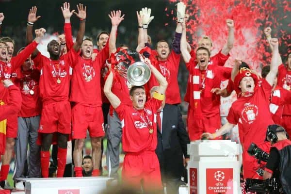 ISTANBUL, TURKEY - WEDNESDAY, MAY 25th, 2005: Liverpool's Steven Gerrard lifts the European Cup after beating AC Milan on penalties during the UEFA Champions League Final at the Ataturk Olympic Stadium, Istanbul. (Pic by David Rawcliffe/Propaganda)