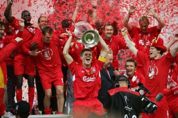 ISTANBUL, TURKEY - WEDNESDAY, MAY 25th, 2005: Liverpool's Steven Gerrard lifts the European Cup after beating AC Milan on penalties during the UEFA Champions League Final at the Ataturk Olympic Stadium, Istanbul. (Pic by David Rawcliffe/Propaganda)