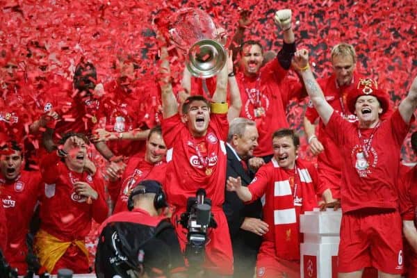 ISTANBUL, TURKEY - WEDNESDAY, MAY 25th, 2005: Liverpool's Steven Gerrard lifts the European Cup after beating AC Milan on penalties during the UEFA Champions League Final at the Ataturk Olympic Stadium, Istanbul. (Pic by David Rawcliffe/Propaganda)