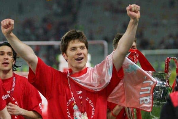 ISTANBUL, TURKEY - WEDNESDAY, MAY 25th, 2005: Liverpool's Xabi Alonso celebrates winning European Cup after beating AC Milan on penalties during the UEFA Champions League Final at the Ataturk Olympic Stadium, Istanbul. (Pic by David Rawcliffe/Propaganda)