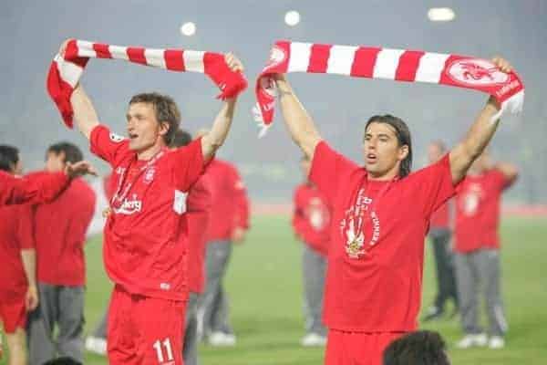 ISTANBUL, TURKEY - WEDNESDAY, MAY 25th, 2005: Liverpool's Vladimir Smicer and Milan Baros celebrate winning the European Cup after beating AC Milan on penalties during the UEFA Champions League Final at the Ataturk Olympic Stadium, Istanbul. (Pic by David Rawcliffe/Propaganda)