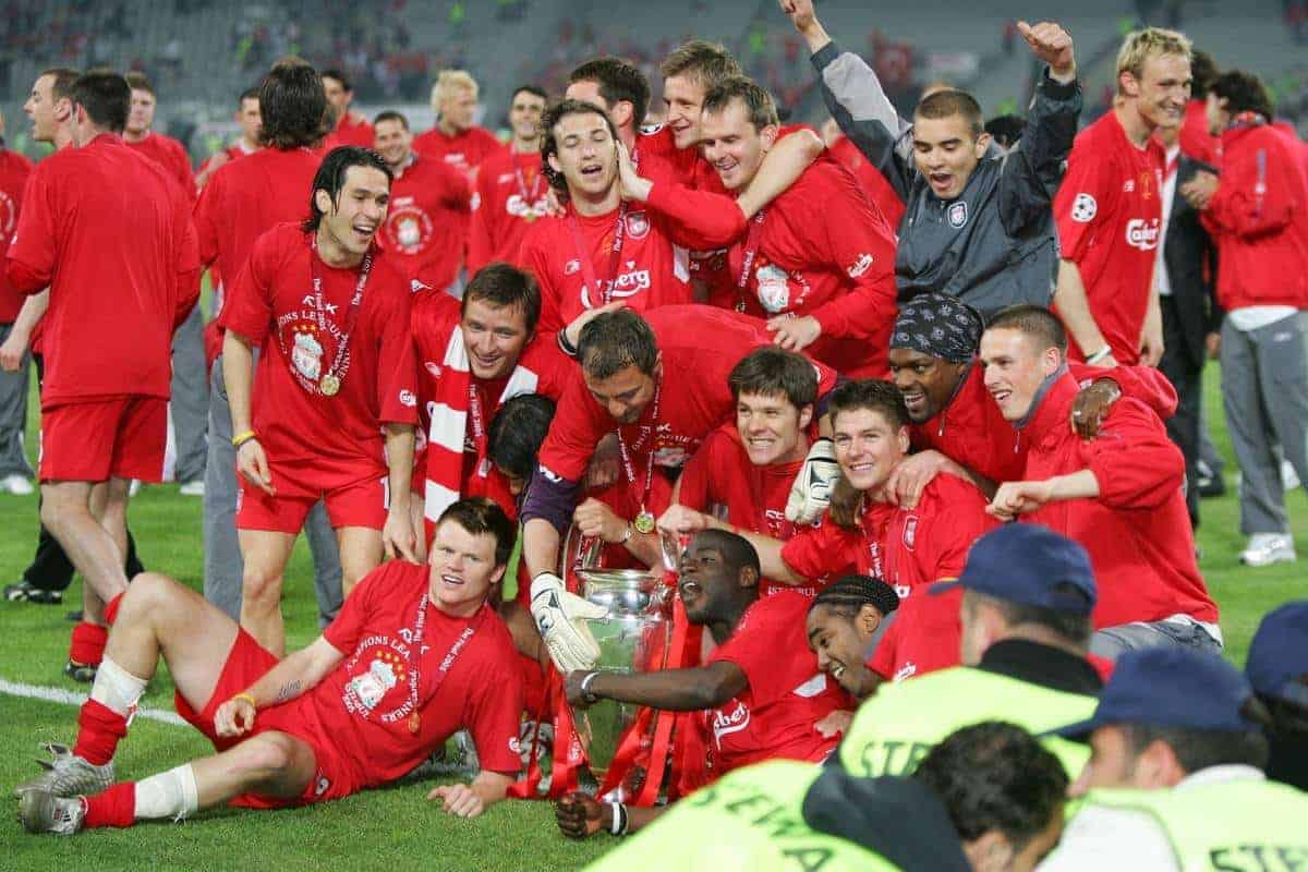 ISTANBUL, TURKEY - WEDNESDAY, MAY 25th, 2005: Liverpool players celebrate winning the European Cup after beating AC Milan on penalties during the UEFA Champions League Final at the Ataturk Olympic Stadium, Istanbul. (Pic by David Rawcliffe/Propaganda)